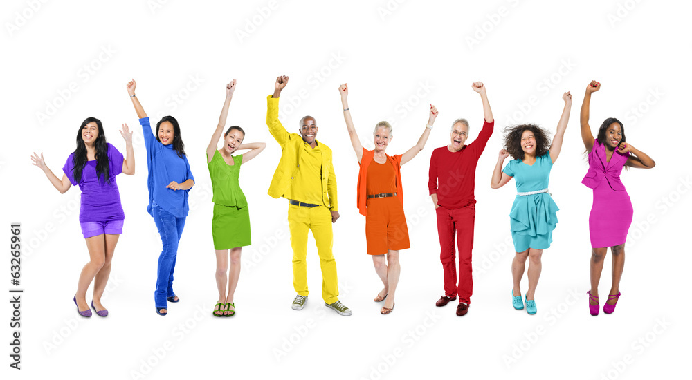 Fototapeta premium Group of Rainbow Themed Multi-Ethnic People Arms Raised