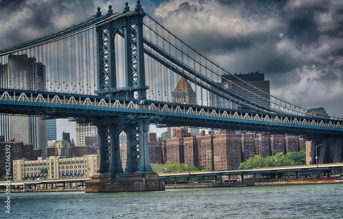 Side view of Manhattan Bridge structure and New York buildings