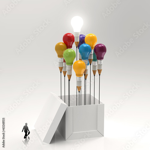 businessman  walking to 3d pencil and light bulb concept outside