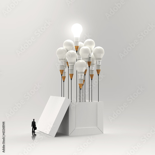 businessman looking at 3d pencil and light bulb concept outside