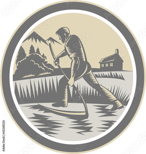 Organic Farmer Reaping Using Scythe Retro