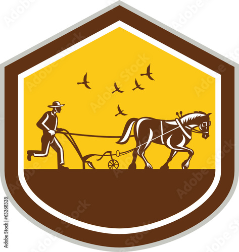 Farmer and Horse Plowing Field Shield Retro