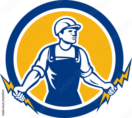Electrician Holding Two Lightning Bolts Side Retro