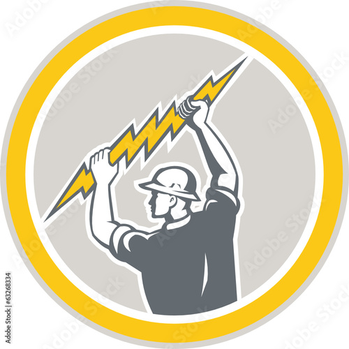 Electrician Holding Lightning Bolt Side Retro