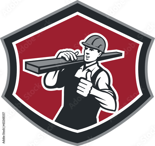Builder Carpenter Carry Timber Thumbs Up Retro