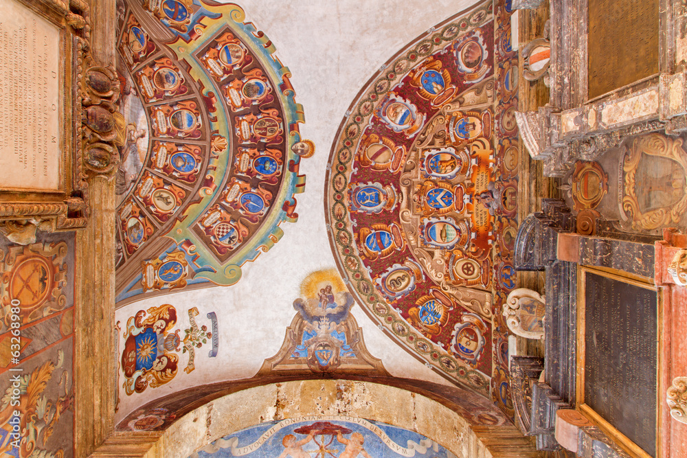 Bologna - Ceiling of entry to external atrium of Archiginnasio.