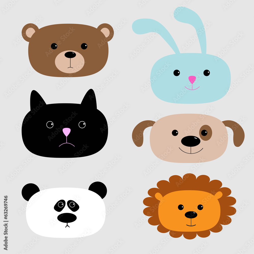 Animal head set. Cartoon bear, rabbit, cat, dog, panda, lion. Animal head set. Cartoon bear, rabbit, cat, dog, panda, lion.