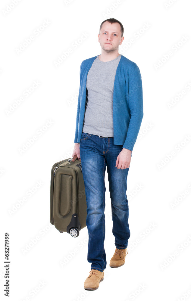 back view of walking man with suitcase. back view of walking man with suitcase.