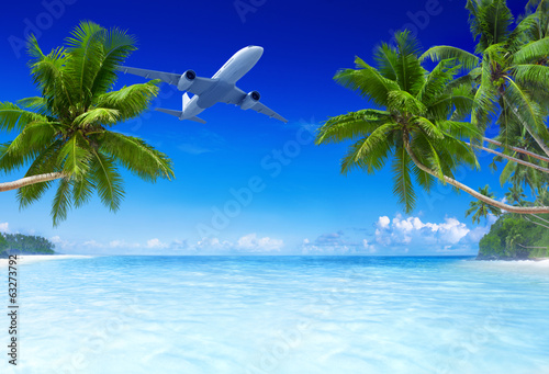 Airplane Flying Over Tropical Beach
