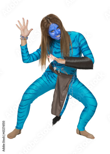 Young girl in a theatrical costume, blue, like a cat with a pain