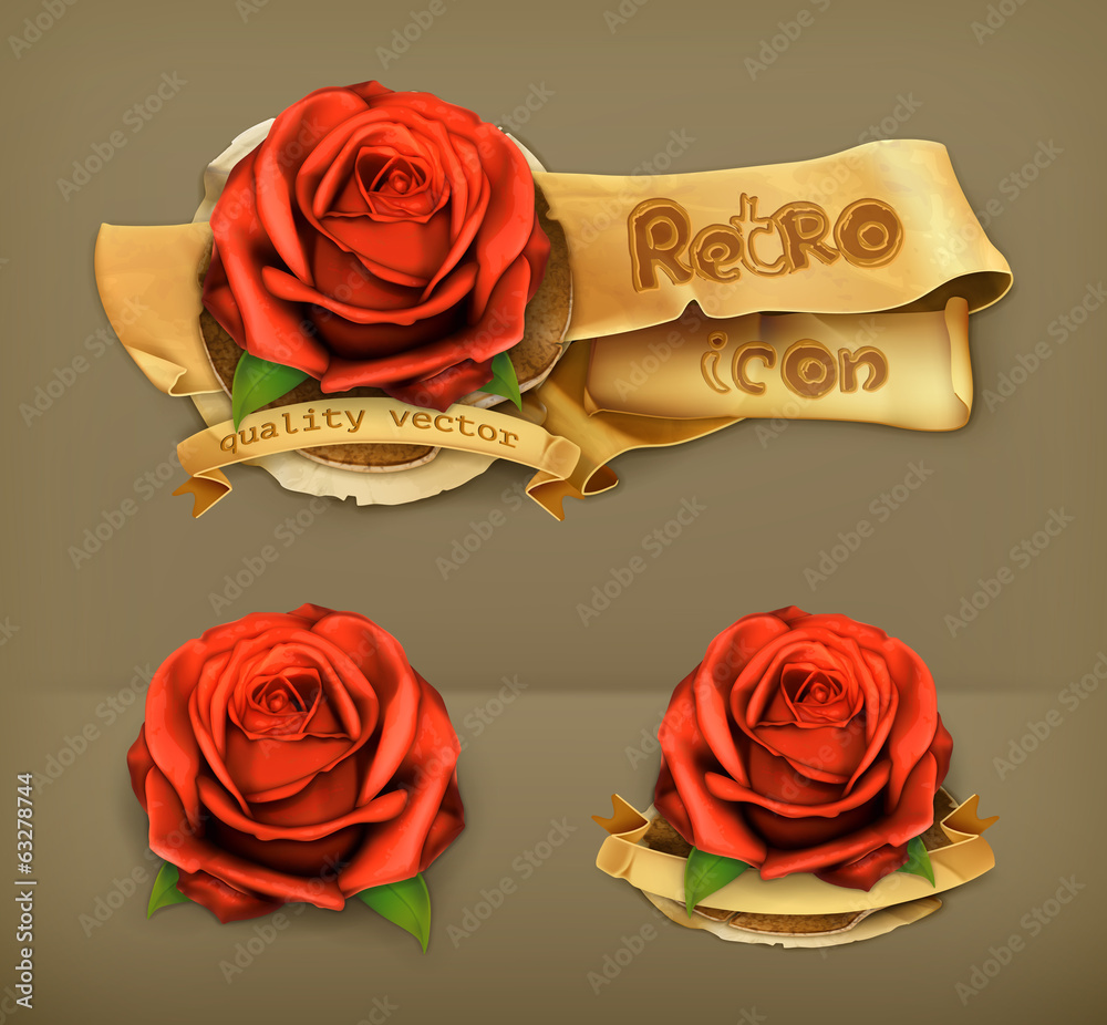 Red rose, retro vector icon - obrazy, fototapety, plakaty 