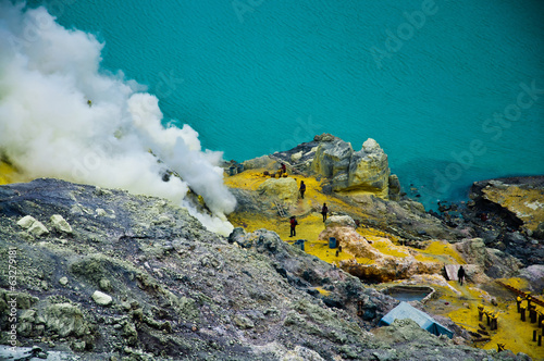 Open-cast sulfur mine, general view at Kawah Ijien volcano on Ja photo