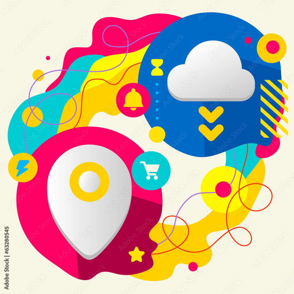 Geo location and cloud on abstract colorful splashes background Geo location and cloud on abstract colorful splashes background