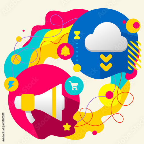 Loudspeaker and cloud on abstract colorful splashes background w