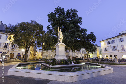 night time view of Statue of Antonin, a Roman emperor, Nimes Fra