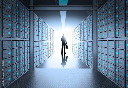 engeneer business man in 3d network server room as concept