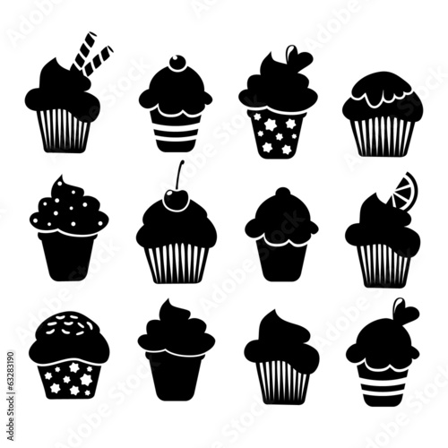 Set of black cupcakes icons, vector isolated  illustrations
