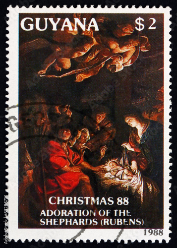 Postage stamp Guyana 1988 Adoration of the Shepherds, by Rubens photo