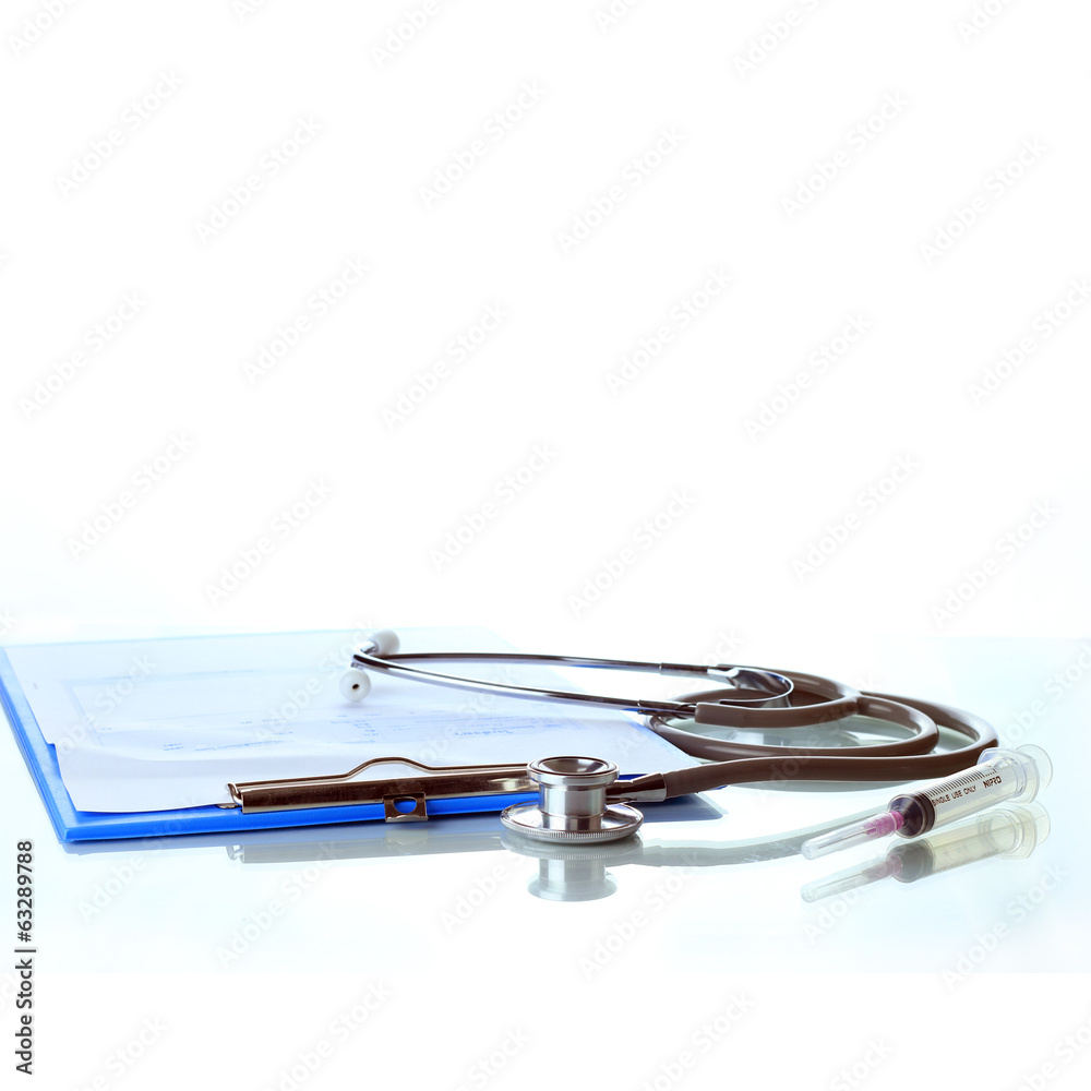 Clipboard, pen and medical stethoscope. Clipboard, pen and medical stethoscope.
