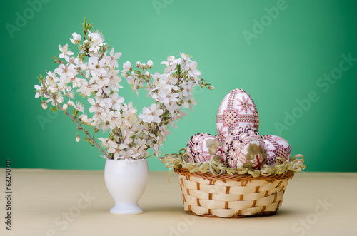 Easter eggs and plum cherry flowers