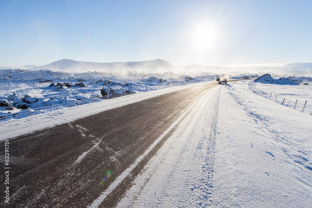 Winter drive through volcanic landscape