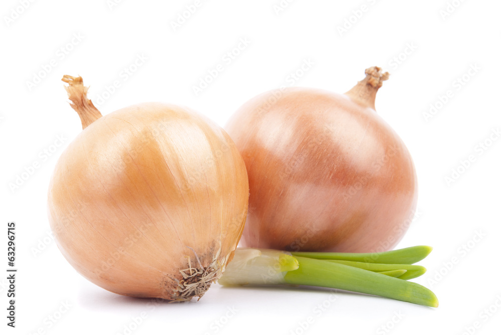 Fototapeta premium Two onions with greens on a white background.
