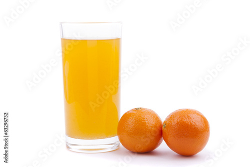 Oranges and juice on a white background.