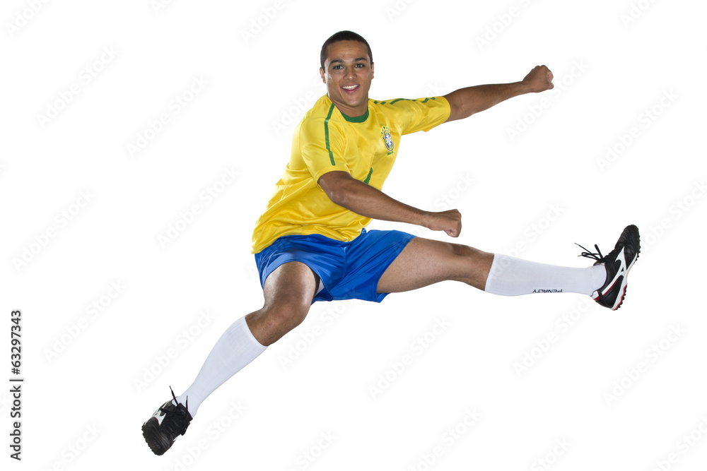Brazilian Soccer player, jumping, yellow and blue