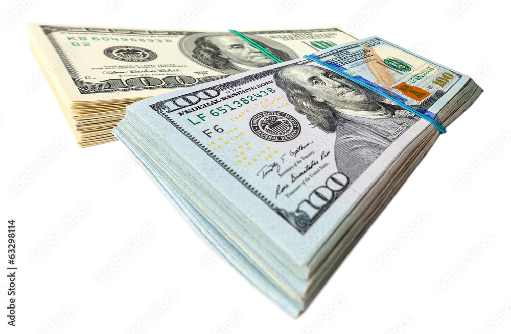 Pile of one hundred dollar bills isolated on white background Pile of one hundred dollar bills isolated on white background