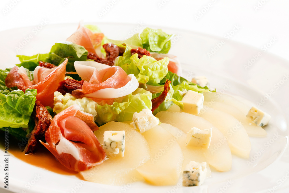 appetizer with pear, cheese and ham