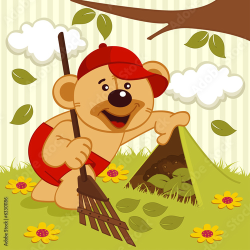 teddy bear sweeps lawn -  vector illustration