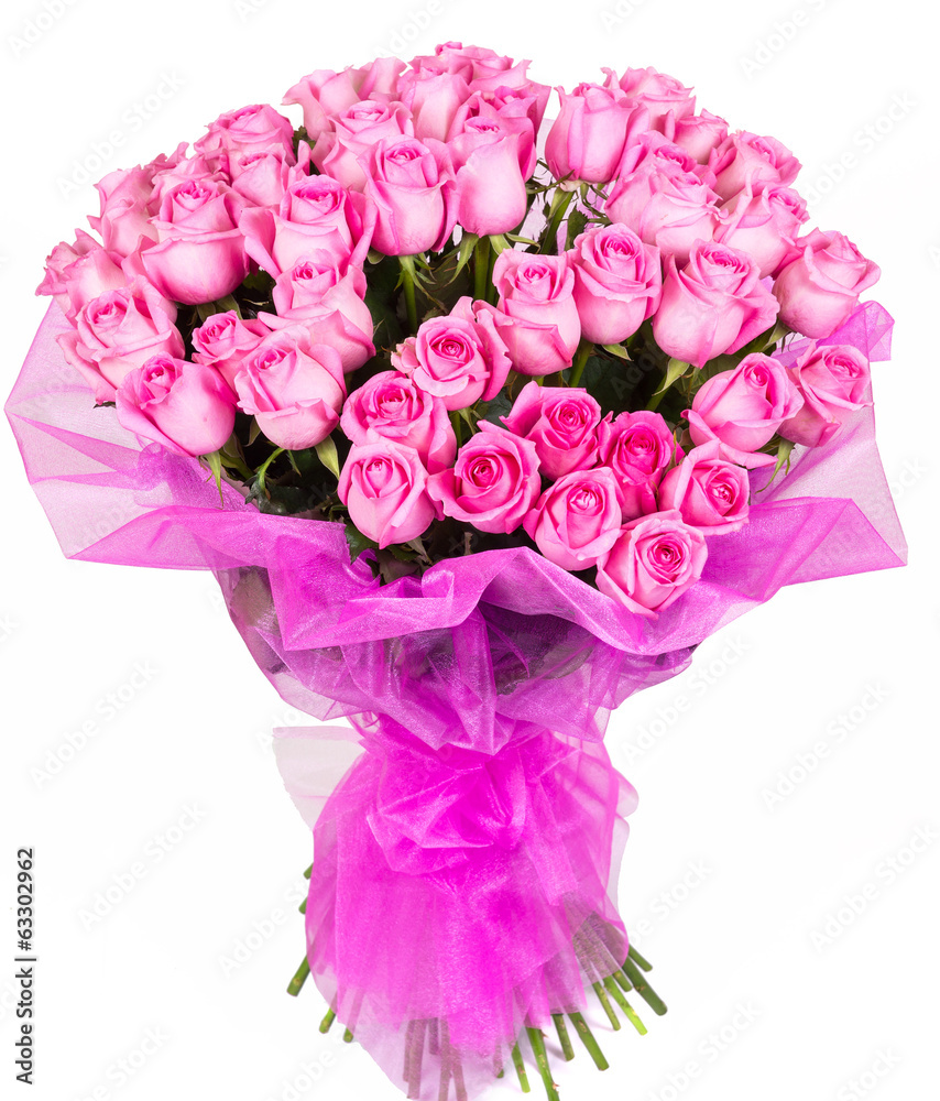 Big bouquet of fresh pink rose flowers isolated on white background - obrazy, fototapety, plakaty 