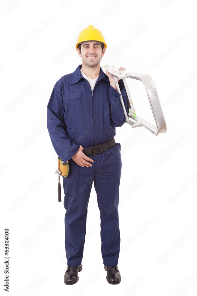 Full lenght of a young worker holding a ladder, isolated on whit Full lenght of a young worker holding a ladder, isolated on whit