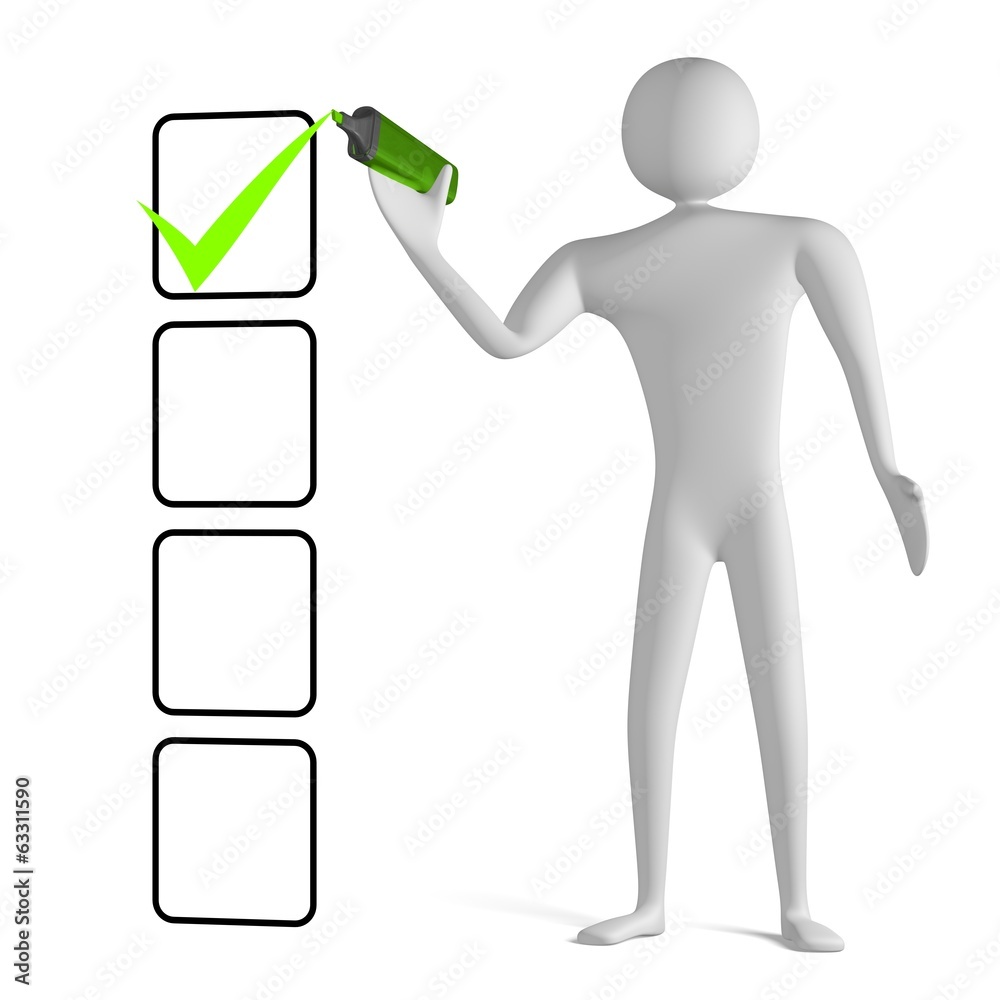 3d man with marker drawing tick in checklist 3d man with marker drawing tick in checklist