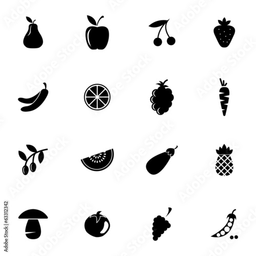 Fototapeta Naklejka Na Ścianę i Meble -  Vector black fruits and vegetables icons set