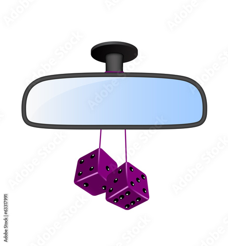 Car mirror with pair of purple dices