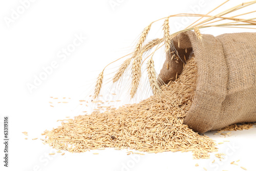 Sack with grains and ear of wheat.