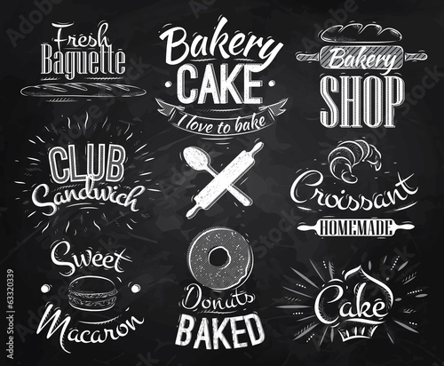 Bakery characters in retro style lettering donuts, croissants,