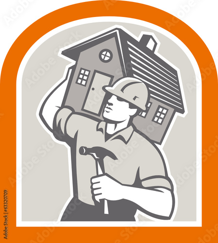 Carpenter Builder Carrying House Retro