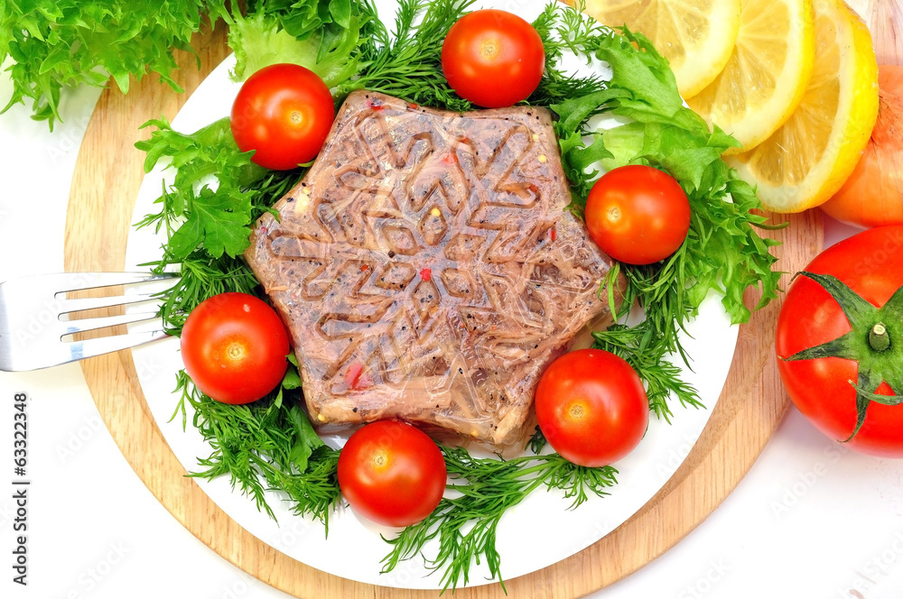 jellied meat with fresh herbs and cherry tomatoes