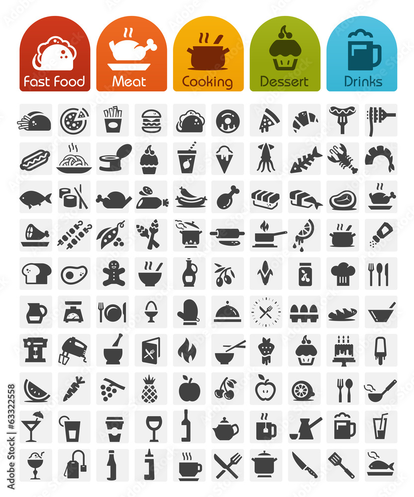 Food Icons bulk series - 100 icons - obrazy, fototapety, plakaty 