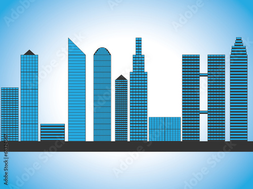 Modern fictional skyscraper skyline, cityscape, blue gradient