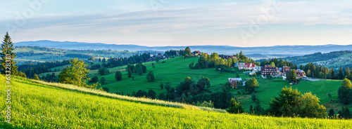 Summer morning mountain village panorama (Poland)