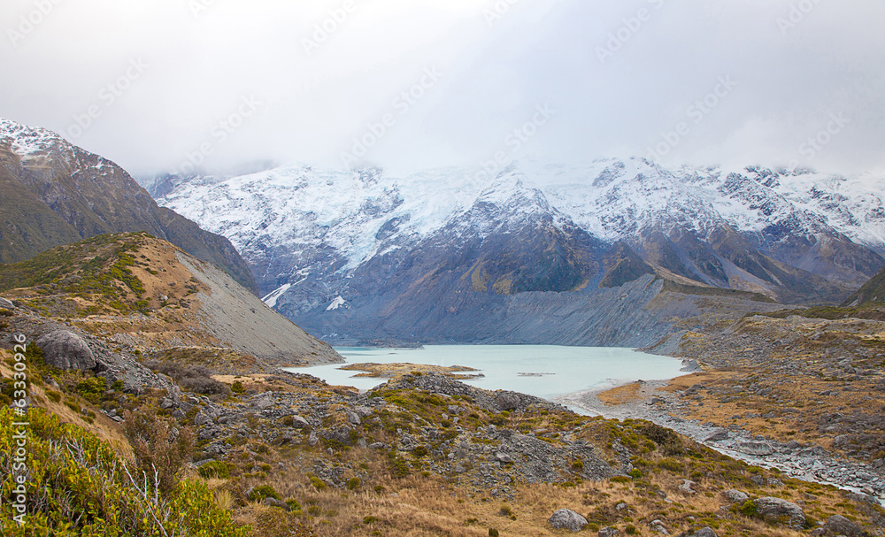 Hooker lake in early autumn Mt Cook Valleys, New Zealand Hooker lake in early autumn Mt Cook Valleys, New Zealand
