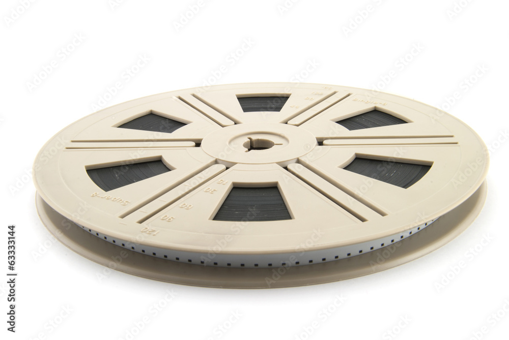 Film reel with film on white background