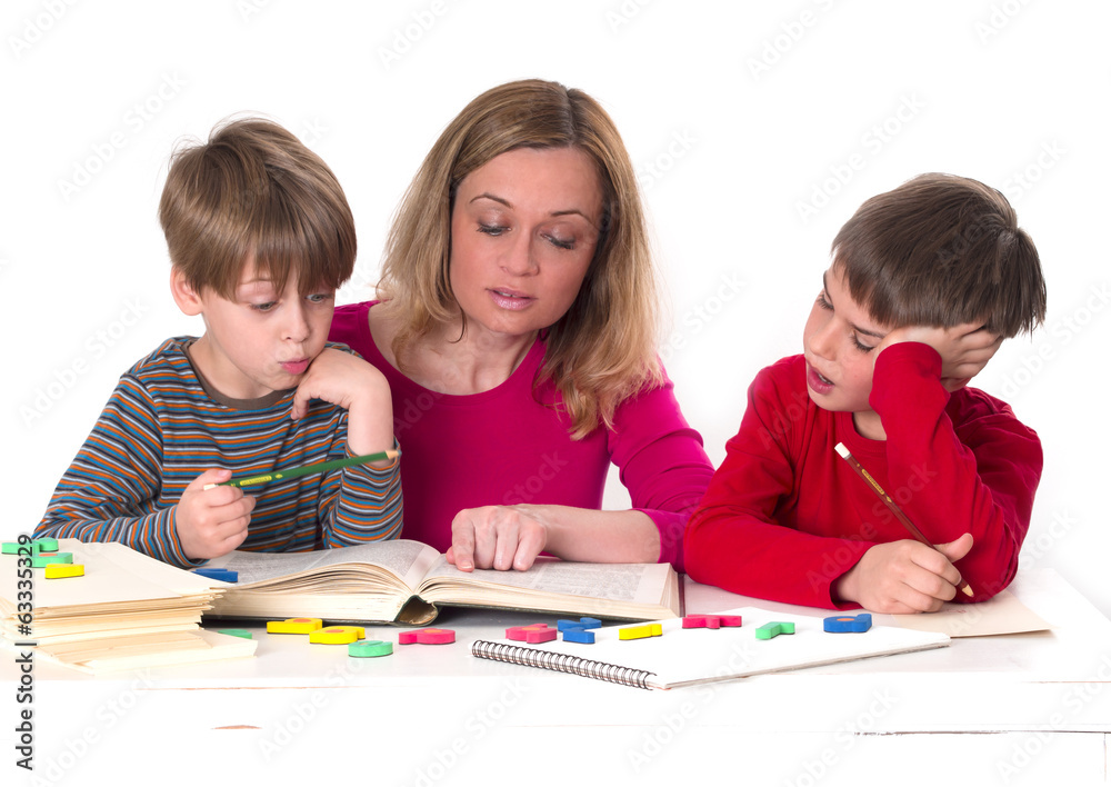 mother with children, reading together mother with children, reading together