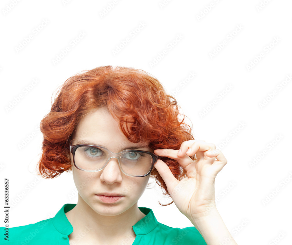 red-haired girl in glasses thinking isolated on white
