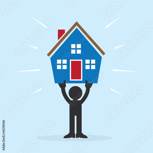 Figure holding up house above head