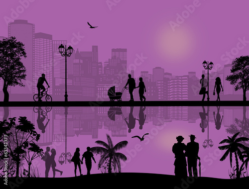 Beautiful landscape and people silhouette
