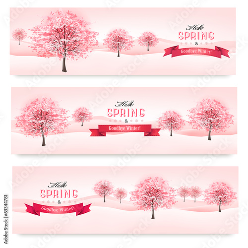 Three spring banners with blossoming sakura trees. Vector.